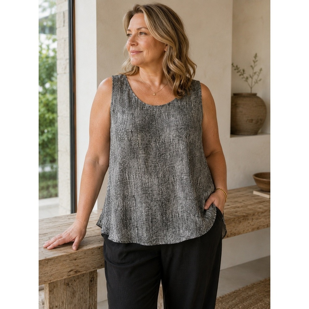 Eileen Fisher 3X 100% Silk Abstract Print Sleeveless Tunic Tank Top